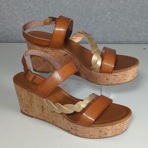 Nicole Debbie Cork Platform Wedge Sandals Brown Metallic Ankle Strap Womens 10‎
